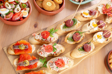 Tapas. Variety of snacks. Top view