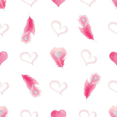 Watercolor seamless pattern with bright pink hearts and feathers.