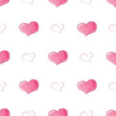 Watercolor seamless pattern with bright pink hearts.