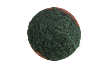 Wooden Bowl Full of Spirulina Powder on a White Background