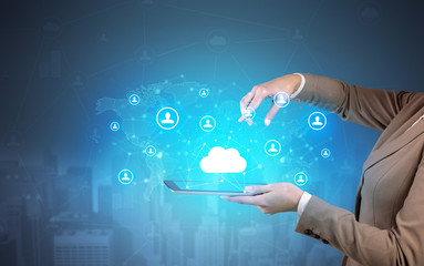 Hand holding tablet and showing staffs with global connectivity concept