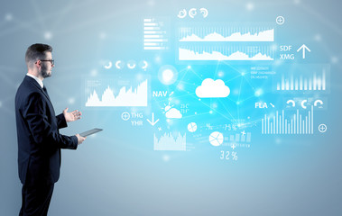 Adviser standing and presenting economical results and report of a multinational company
