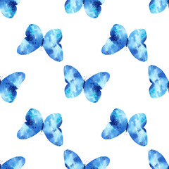 Watercolor seamless pattern with bright galaxy butterflies.