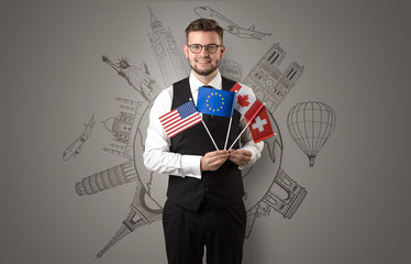 Elegant man with sightseeing concept on the background  and flag on his hand