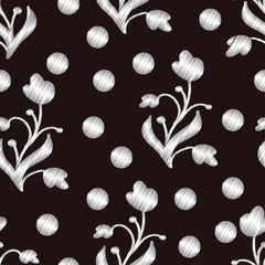 flowers and circles of gray color with textures on a dark color