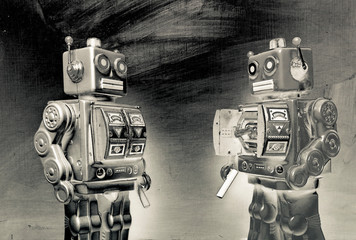 vintage robot writes on black board tome monochrome