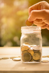 Man hand dropping coin and coins and jar on wooden table in sunlight and blur background present the plant Growing Savings Coins - Investment And Interest and retirement Concept.