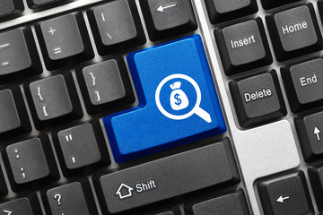Conceptual keyboard - Search (blue key with loupe and money bag symbols)
