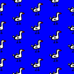 Primitive ducks hand drawn seamless pattern with blue font