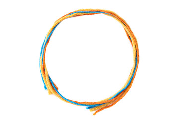 Colorful circle frame made of thread isolated on white background. Empty frame of cotton thread.