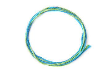 Colorful circle frame made of thread isolated on white background. Empty frame of cotton thread.