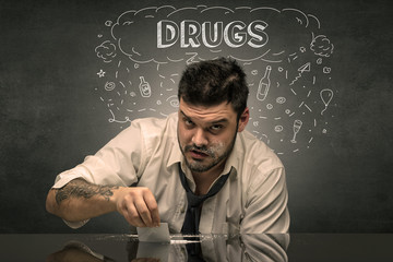 Loser drunk man with drinking, drug, hangover, alcoholic drugs concept
