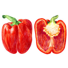 red pepper isolated on white background. Whole fruits and slices