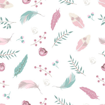 Pastel hand drawn seamless pattern with feather,rose,leaf and flower