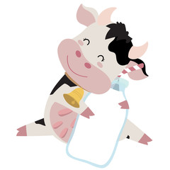 Cow hand drawn cute card with milk,cow,bottle and bell