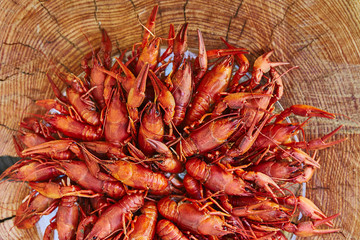 Crawfish cooked and served on wooden background