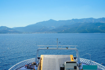 Bow of a ferry in Thasos, Grece during a sunny summer day with view of the Aegean sean. Vacation...