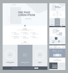 One page website design template for business. Landing page wireframe. Flat modern responsive design. Ux ui website: home, features, works, news, specials, details, testimonials, contact us.