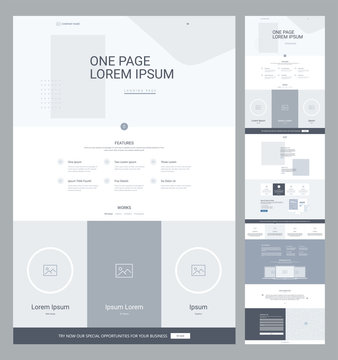 One Page Website Design Template For Business. Landing Page Wireframe. Flat Modern Responsive Design. Ux Ui Website: Home, Features, Works, News, Specials, Details, Testimonials, Contact Us.