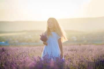 Fototapeta na wymiar Little girl with a bouquet of lavender in a field on the background of the sunset sun