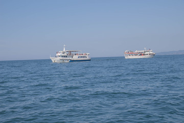 A large private motor yacht under way out at sea