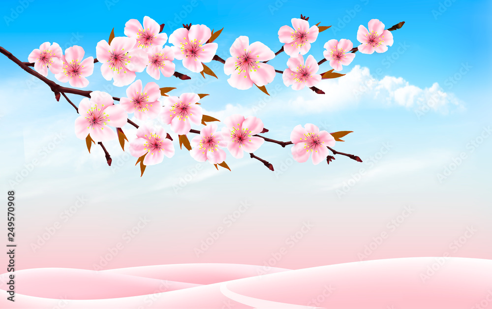 Poster Spring nature background with cherry branch and blue sky with clouds. Vector