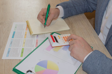 Close up view of bookkeeper or financial inspector hands making report, calculating or checking balance. Home finances, investment, economy, saving money