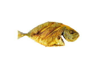 Fototapeta premium Fried fish on white background with selective focus and crop fragment