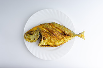 Fried fish on white background with selective focus and crop fragment