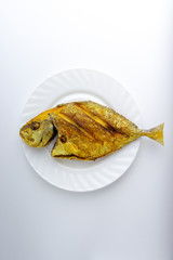 Fried fish on white background with selective focus and crop fragment