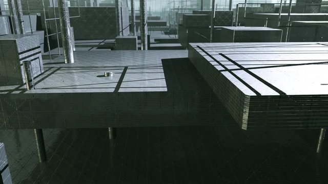 3D Rendered Virtual Reflective Geometric City Fly Through.  Perfect for communication, indsutrial, science fiction or vitual applications. 14 seconds.