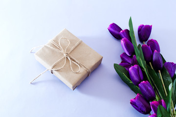 Fototapeta na wymiar Spring Purple tulip bouquet and gift box