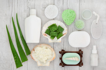 Aloe vera skincare including plant stems, yoghurt, moisturiser, facial cream, body lotion and...