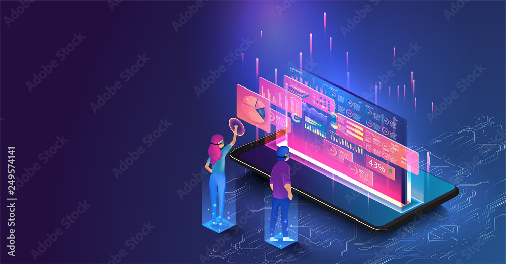 Leinwandbilder isometric men and a woman wearing goggle headset with touching vr interface. people interacting with