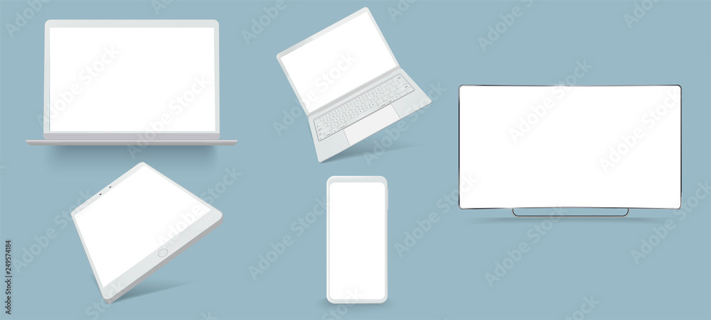 Poster vector minimalistic 3d isometric illustration set device. smartphone, laptop, tablet, tv perspective