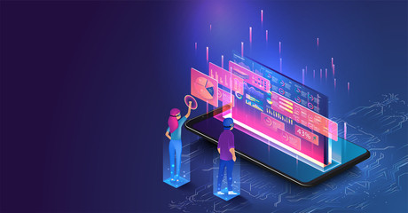 	 Isometric men and a woman wearing goggle headset with touching vr interface. People interacting with analyzing statistics and charts. Analysis trends and financial strategy by using infographic.