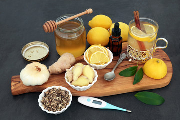 Flu and cold remedy herbal medicine with thermometer, echinacea herb, aromatherapy eucalyptus oil, fresh ginger, lemon fruit, cinnamon sticks and honey with hot drink on slate background.