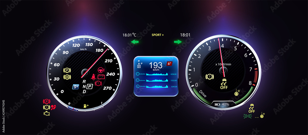 Leinwandbilder Car dashboard modern automobile control illuminated panel speed display. Futuristic car dashboard, the concept of the future car dashboard