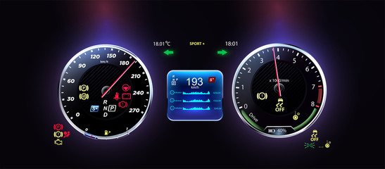 Fototapeta premium Car dashboard modern automobile control illuminated panel speed display. Futuristic car dashboard, the concept of the future car dashboard