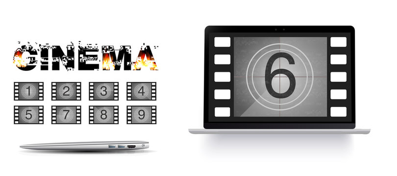 Movie countdown numbers on the laptop screen. Burning text cinema. Movie countdown numbers vector set. The countdown to the start of the old film.