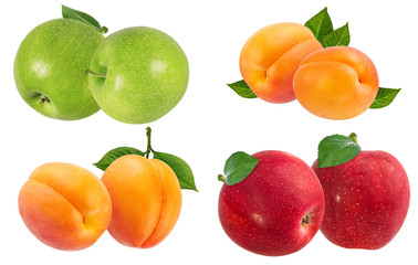 Fresh apricots and apples with leaves isolated on white background