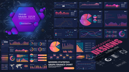  Modern infographic vector template with statistics graphs and finance charts. Dashboard infographics. Visualization data analysis vector display