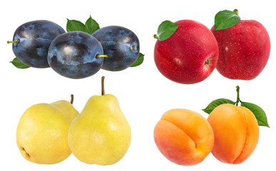 Fresh apricots apples, pears und plums with leaves isolated on white background