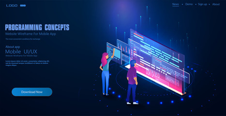 Software, web development, programming concept. People work in a team and program code. Technology concept. Programming web banner. Best programming languages. Vector