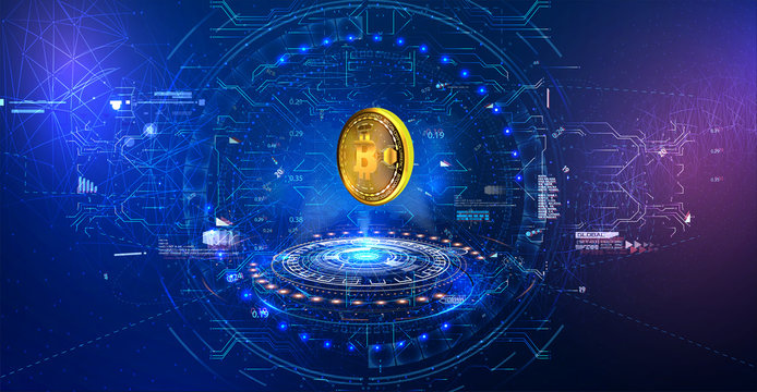 Bitcoin conceptual background with blue glowing electric lights in style HUD GUI UI. Modern bright banner, site template with place for your text