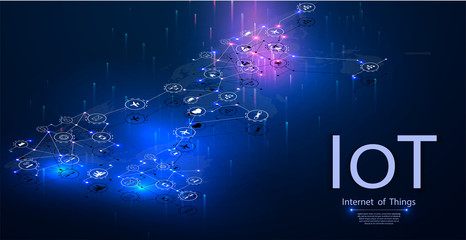 Internet of things (IOT), devices and connectivity concepts on a network. Spider web of network connections with on a futuristic blue background. IOT icons