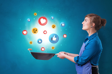 Young happy person cooking social media concept in wok
