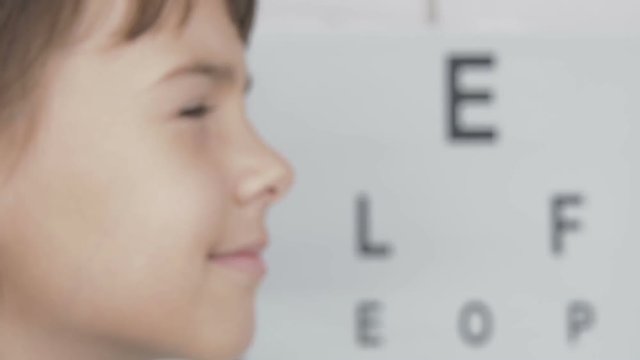 Child at the ophthalmologist. Poor seeing little girl ophthalmologist puts on glasses.