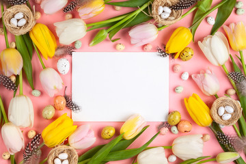 Beautiful white, pink and yellow  tulips flowers for Easter.
