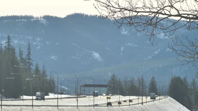 Cars and Trucks Travel Snowy Mountain Freeway Snoqualmie Pass Washington Interstate 90